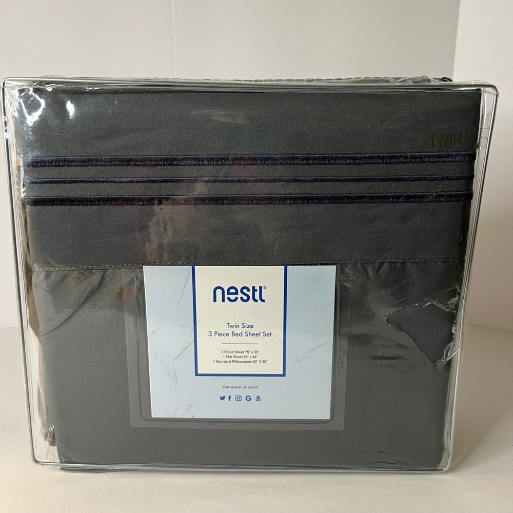 Nestl Twin Size 3 Piece Bed Sheet Set Charcoal Gray Deep Pocket MIcrofiber NIP